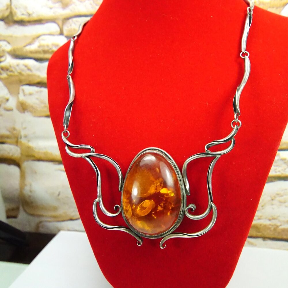 Giant Amber & 925 Sterling Silver Link Necklace - Rare Gift For Women